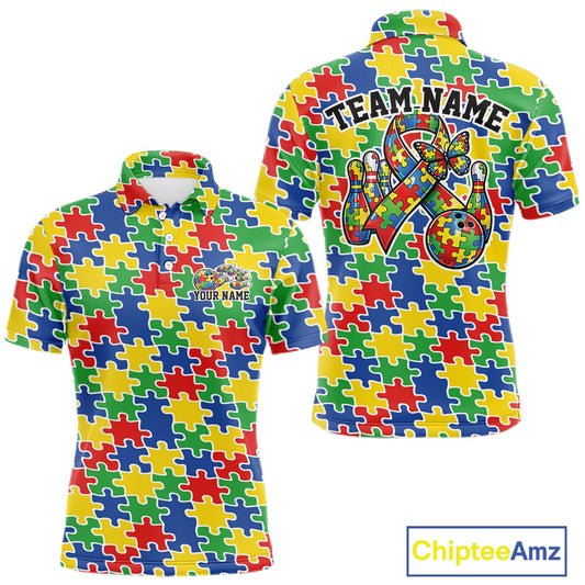 Men’s bowling polo shirt mockup front and back showing seamless multicolor puzzle piece print in red, blue, green, and yellow tones