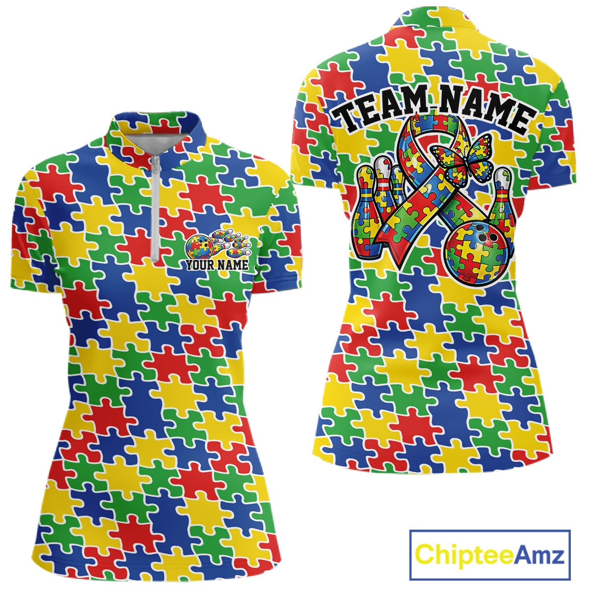 Front and back view of a women’s quarter-zip bowling shirt mockup featuring seamless multicolored puzzle piece print in red, blue, green, and yellow.
