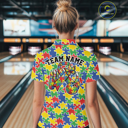 Back view of a female bowler wearing a multicolored quarter-zip shirt, seamless autism puzzle piece pattern covering the entire design.