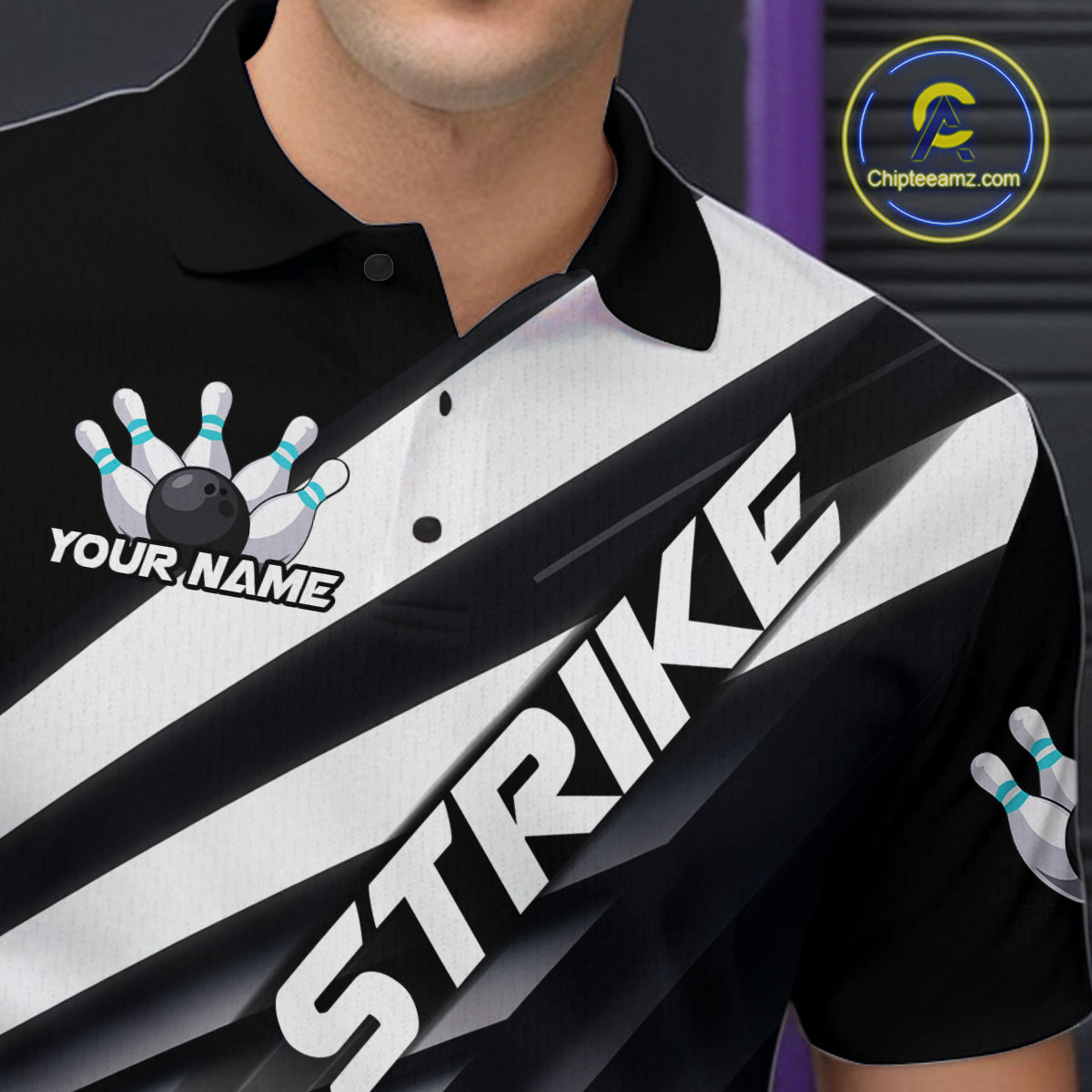 Custom Black And Blue Strike Bowling Polo Shirts For Men, Bowling Team Uniform IPHW9628