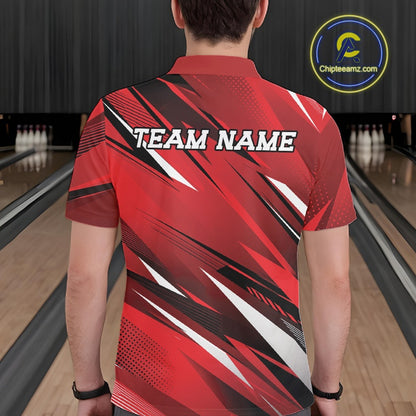 Red bowling shirt with 'Team Name' text on a bowling alley background