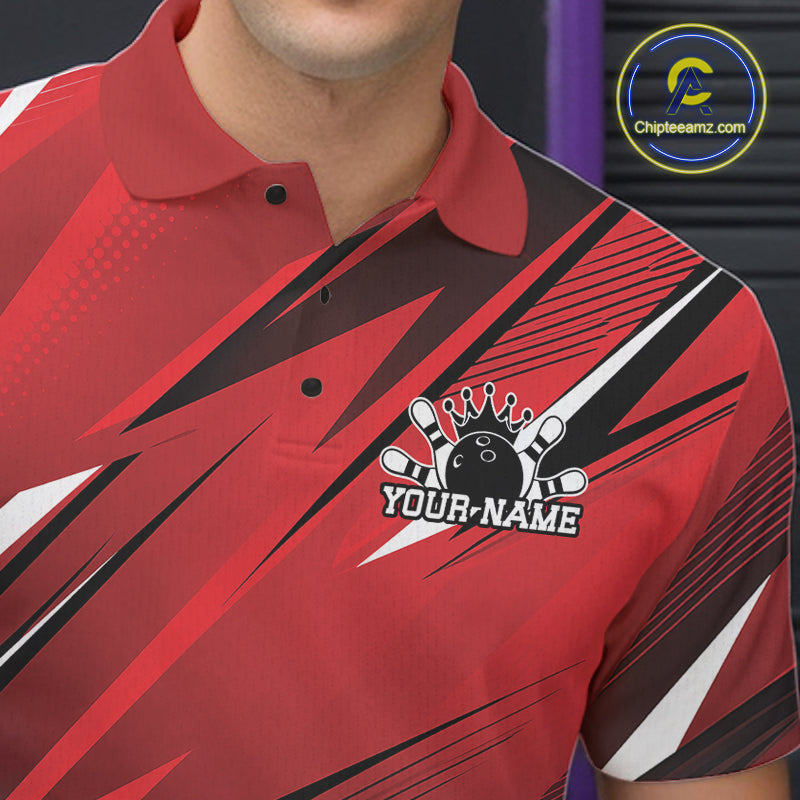 Red bowling shirt with black and white design and 'Your Name' text, brand logo visible.