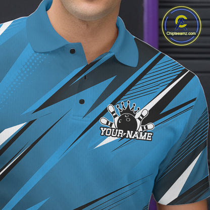 Blue bowling shirt with personalized design on a dark background