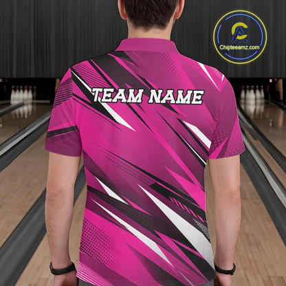 Person wearing a pink bowling shirt with 'TEAM NAME' text in a bowling alley.