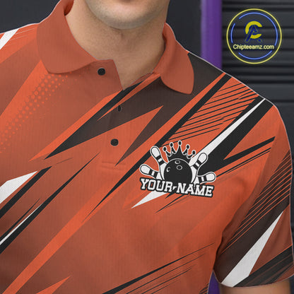 Orange bowling shirt with black and white design and 'Your Name' text, brand logo visible.