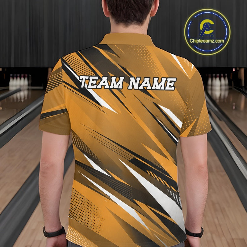 Person wearing a yellow bowling shirt with 'TEAM NAME' text in a bowling alley.