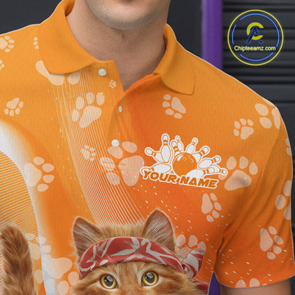Custom Funny Orange Cat Bowling Men Polo Shirt, Cat Paw Team Bowling Shirt IPHW10103