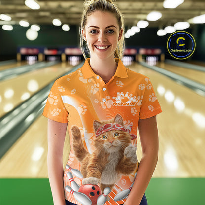Custom Funny Orange Cat Bowling Women Polo Shirt, Cat Paw Team Bowling Shirt IPHW10103