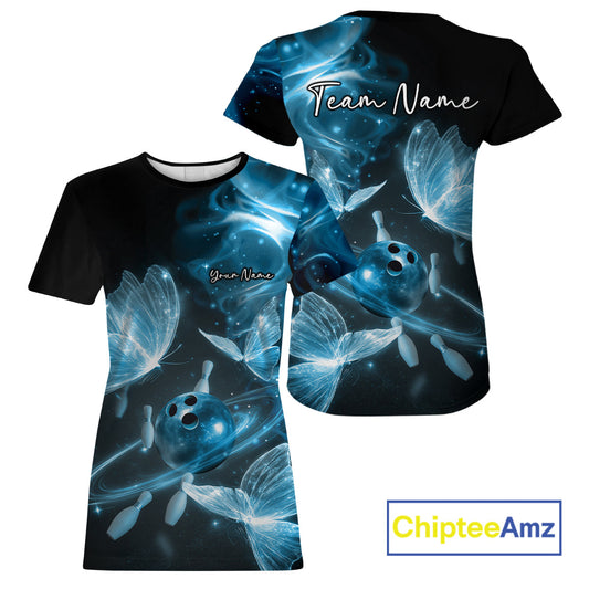 Custom Ethereal Blue Butterflies Bowling Team Women T-Shirts, Ladies Bowling Outfit IPHW10238