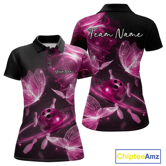 Custom Ethereal Pink Butterflies Bowling Team Women Polo Shirts, Ladies Bowling Outfit IPHW10240