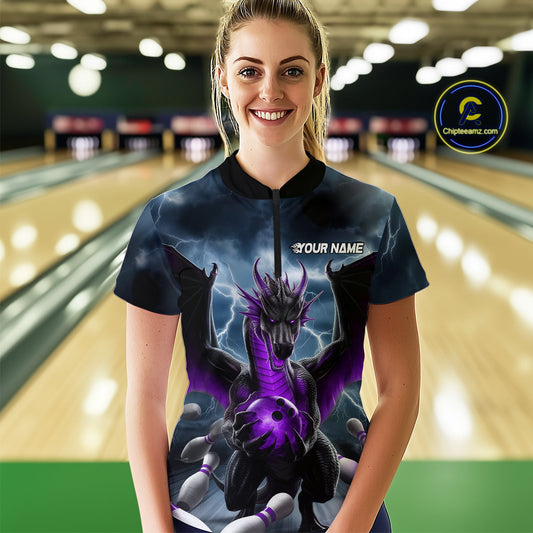 Custom Purple Dragon Bowling Women Quarter-Zip Shirts, Bowling Team Tournament Outfit IPHW9107