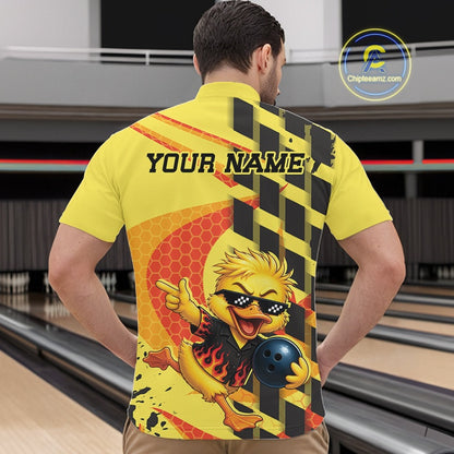 Back view of a male model wearing a yellow short-sleeve polo shirt with a cartoon bowling chick graphic, black and yellow hazard stripes,a orange honeycomb pattern