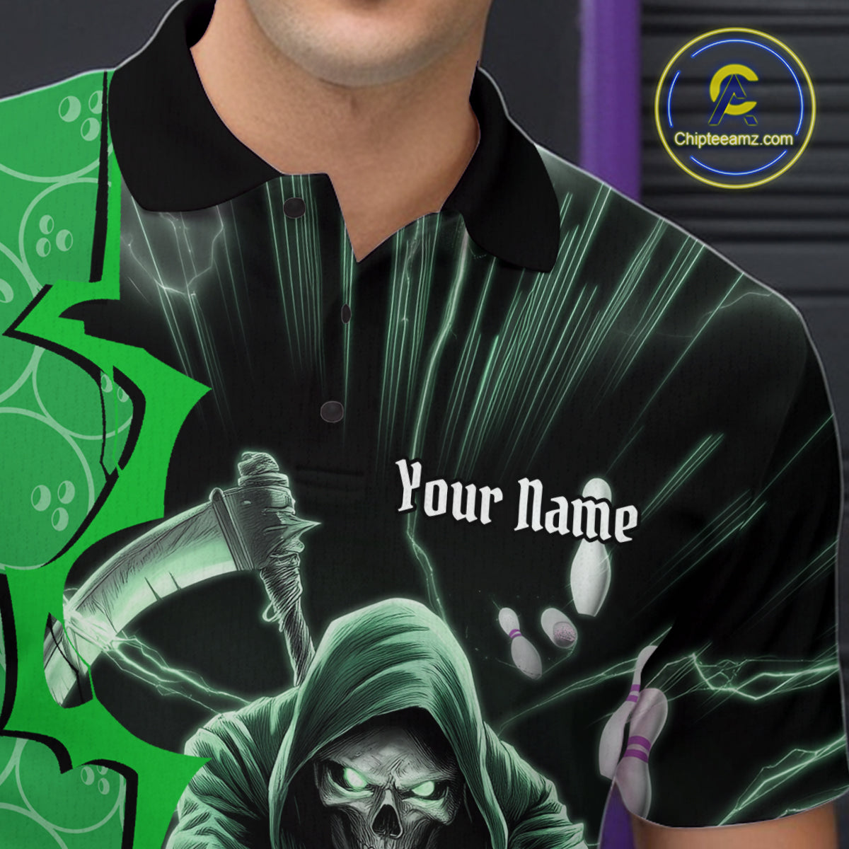 Custom Green Thunder Lightning Grim Reaper Bowling Men Polo Shirt, Halloween Bowler Outfit IPHW9841
