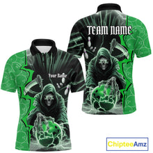 Load image into Gallery viewer, Custom Green Thunder Lightning Grim Reaper Bowling Men Polo Shirt, Halloween Bowler Outfit IPHW9841