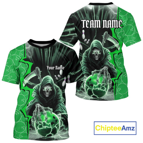 Custom Green Thunder Lightning Grim Reaper Bowling Men T-Shirts Shirt, Halloween Bowler Outfit IPHW9841