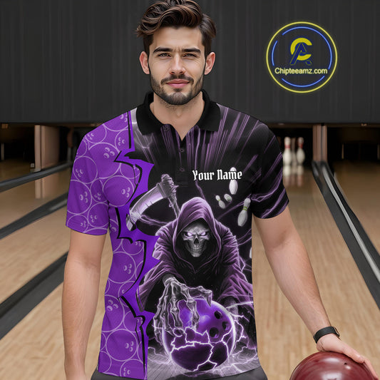 Custom Purple Thunder Lightning Grim Reaper Bowling Men Polo Shirt, Halloween Bowler Outfit IPHW9842