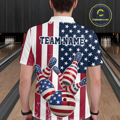 Custom US Flag Bowling Polo Shirts For Men, Patriotic Bowling League Shirt Bowling Jersey IPHW9714