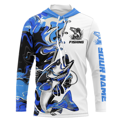 Personalized Walleye Fishing Blue Camo Long Sleeve Hooded Fishing Shirts For Men IPHW9127