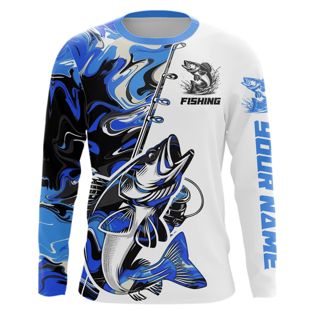 Personalized Walleye Fishing Blue Camo Long Sleeve Fishing Shirts For Men IPHW9127
