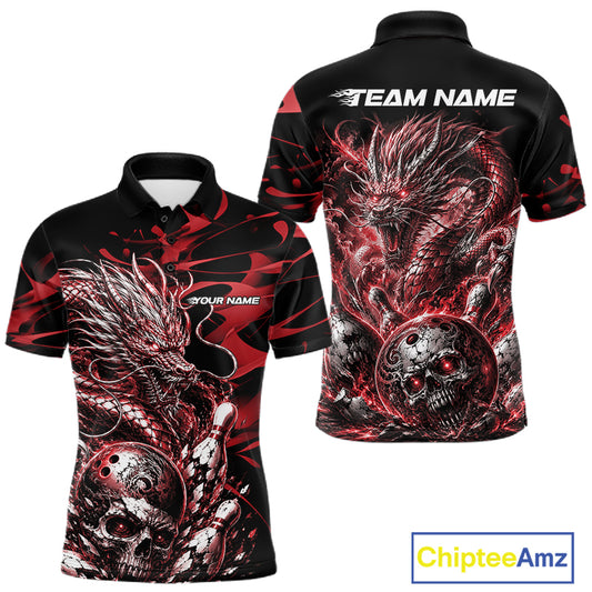 Personalised black and red flaming dragon bowling shirt featuring a skull bowling ball and flying pins artwork