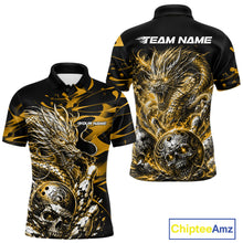 Load image into Gallery viewer, Personalised black and yellow flaming dragon bowling shirt featuring a skull bowling ball and flying pins artwork