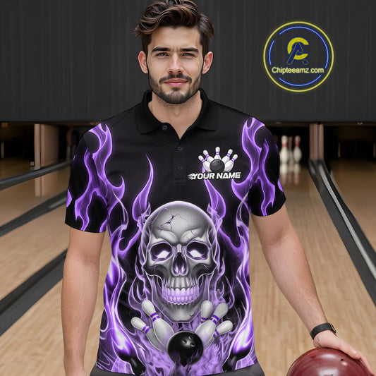 Custom Purple Fire Flame Skull Bowling Polo Shirts For Men, Halloween Bowling Team Outfit IPHW9493