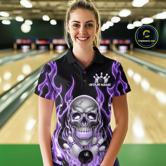 Custom Purple Fire Flame Skull Bowling Women Polo Shirt, Halloween Bowling Team Outfit IPHW9493