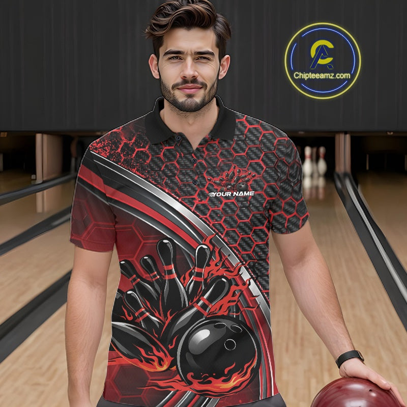 Male model in a bowling lane wearing a black and red polo shirt with honeycomb texture and a dynamic flame bowling strike graphic.