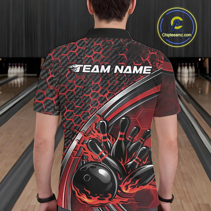 Back view of a male model in a bowling alley wearing a black and red polo shirt, showcasing honeycomb pattern and flaming bowling action artwork.