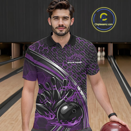 Male model in a bowling lane wearing a black and purple polo shirt with honeycomb design and a flaming bowling strike illustration.