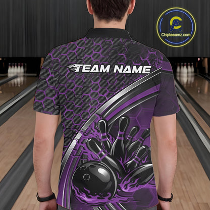 Back view of a male model in a bowling venue wearing a black and purple polo shirt, showcasing honeycomb texture with a dynamic flame bowling action graphic.