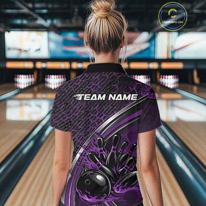 Back view of a female model in a bowling lane wearing a black and purple polo shirt, showcasing honeycomb texture and a flaming bowling strike design.