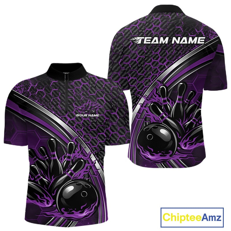 Front and back view of a mens bowling quarter zip shirt mockup in black and purple, featuring honeycomb pattern with a flaming bowling ball hitting pins.