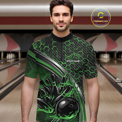 Male model in a bowling lane wearing a black and green quarter zip shirt with honeycomb graphics and a flaming bowling ball striking pins design.