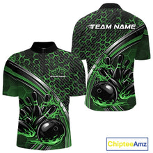 Load image into Gallery viewer, Custom Green Flame Bowling Men Quarter-Zip Team Shirt, Hexagon Pattern Bowling Jerseys IPHW11312