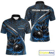 Load image into Gallery viewer, Custom Blue Flame Bowling Men Polo Team Shirt, Hexagon Pattern Bowling Jerseys IPHW11313