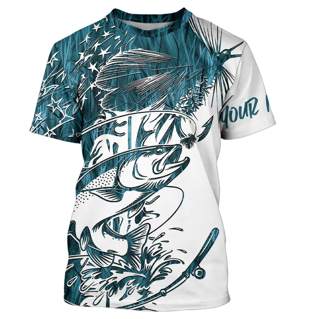 Custom Patriotic Trout Blue Camo Fly Fishing T-Shirts, US Flyfishing Shirt IPHW9143