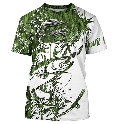 Custom Patriotic Trout Green Camo Fly Fishing T-Shirts, US Flyfishing Shirt IPHW9144