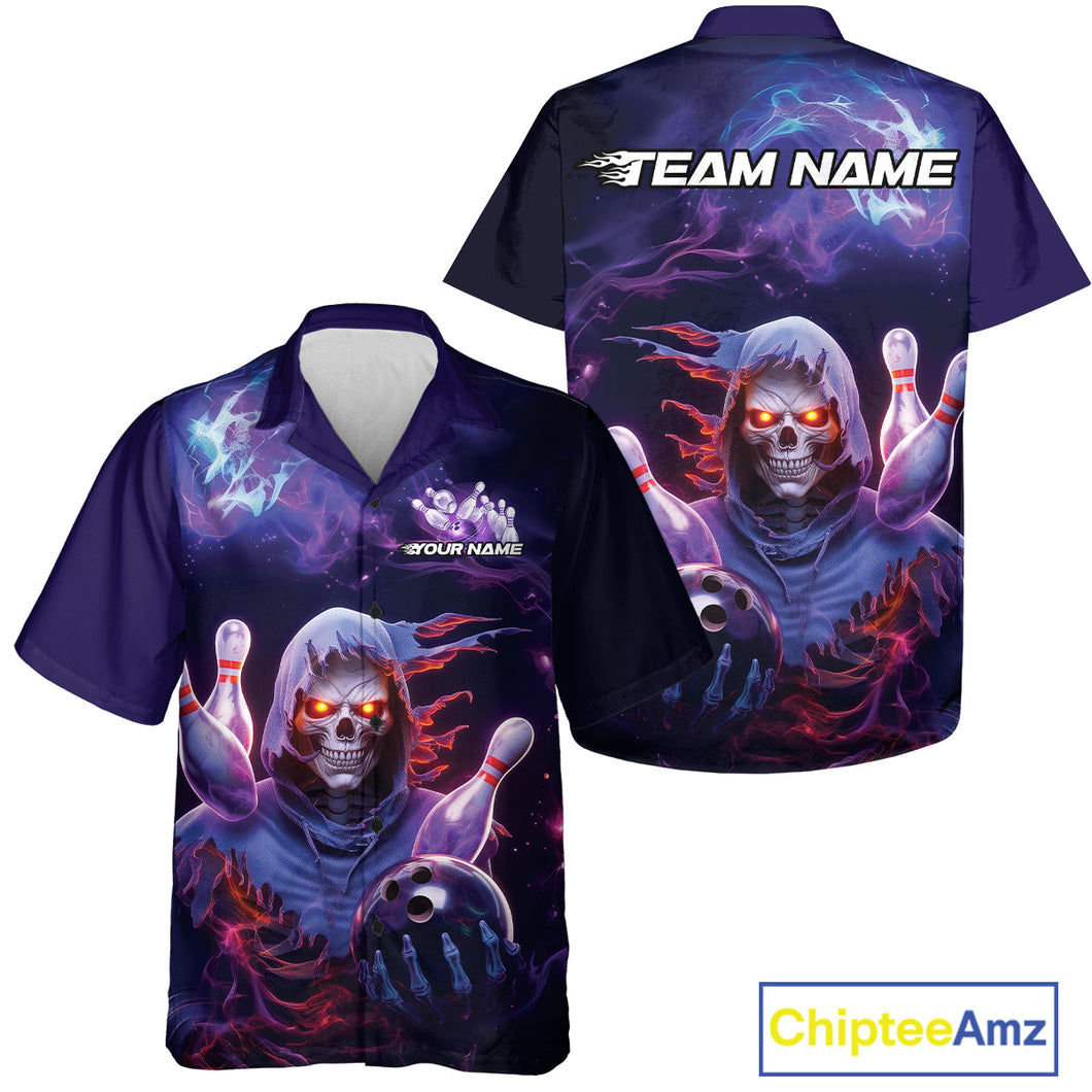 Custom Red And Purple Smoke Flame Grim Reaper Bowling Men And Women Hawaiian Shirt, Halloween Outfit IPHW9895