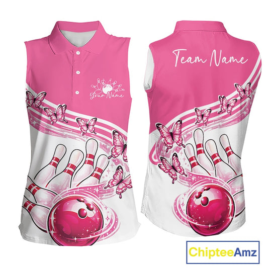 Front and back mockup of a women's white and pink sleeveless bowling shirt with butterfly artwork and bowling graphics