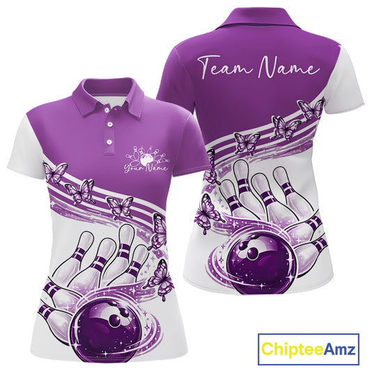 Womens white and purple bowling polo mockup shown front and back with butterfly graphics and colorful bowling artwork