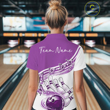 Load image into Gallery viewer, Back view of a female model wearing a white and purple bowling polo with butterfly graphics and bowling artwork inside a bowling alley