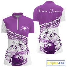 Load image into Gallery viewer, Front and back mockup of a womens white and purple bowling quarter zip featuring butterfly graphics and bowling-themed artwork