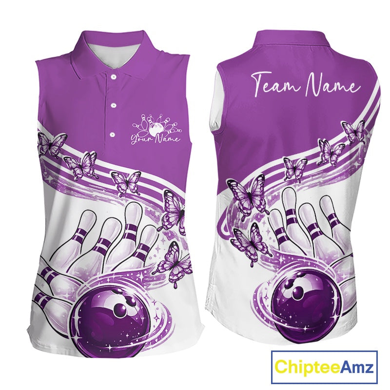 Front and back mockup of a womens white and purple sleeveless bowling shirt with butterfly graphics and bowling artwork