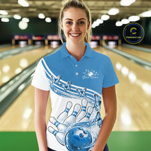 Load image into Gallery viewer, Front view of a female model wearing a white and blue bowling polo with butterfly artwork and colorful bowling graphics