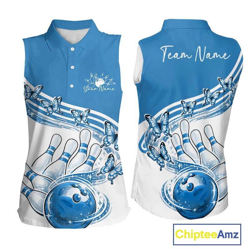 Womens white and blue sleeveless bowling shirt mockup shown front and back with butterfly graphics and colorful bowling artwork