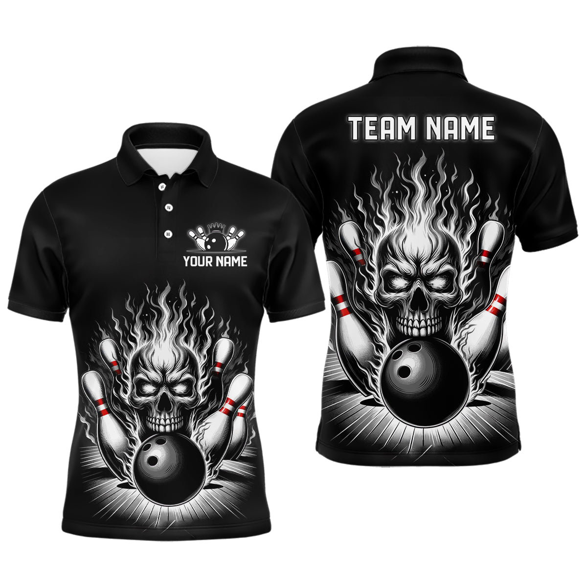 Personalized Unisex Skull Bowling Shirt Custom Team'S Name Flame Bowler Jerseys | Black And White IPHW6514