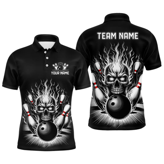 Personalized Unisex Skull Bowling Shirt Custom Team'S Name Flame Bowler Jerseys | Black And White IPHW6514