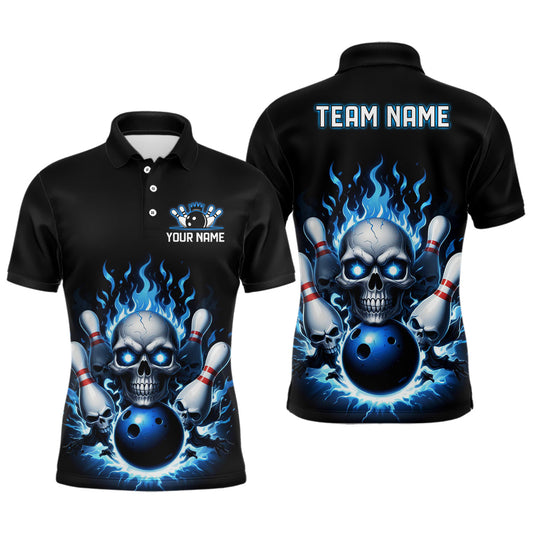 Custom Blue Flame Bowling Team Shirts, Halloween Skull Bowling Polo Shirt For Men IPHW6862