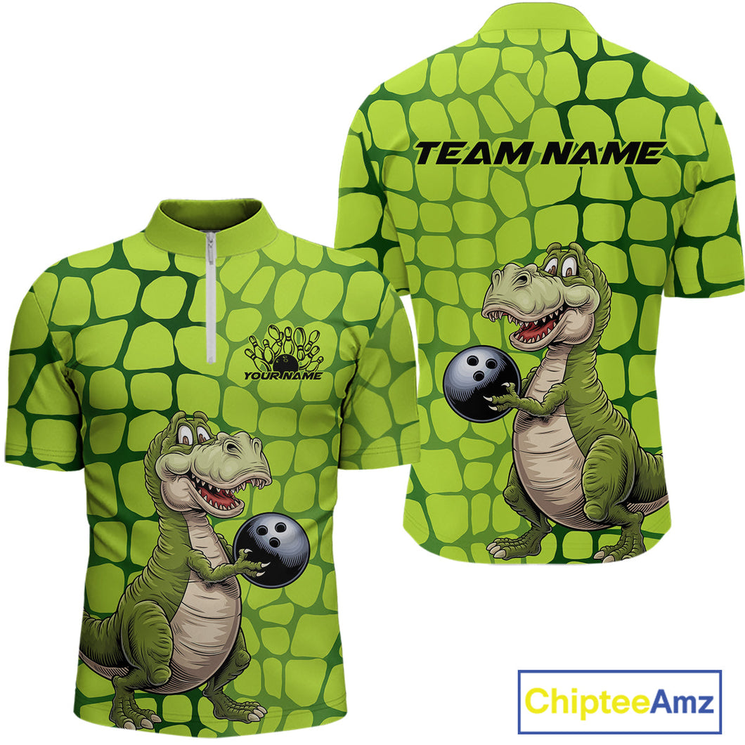 Custom Funny Green Dinosaur Bowling Team Men Quarter-Zip Shirt, Bowling Tournament Team Shirt IPHW9930